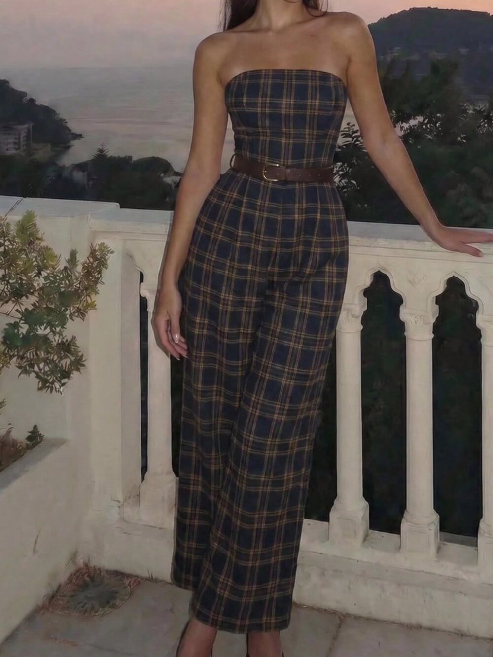 Multicolor Plaid Women's Belted Zipper Strapless Long Loose Jumpsuit - Picture 1 of 6